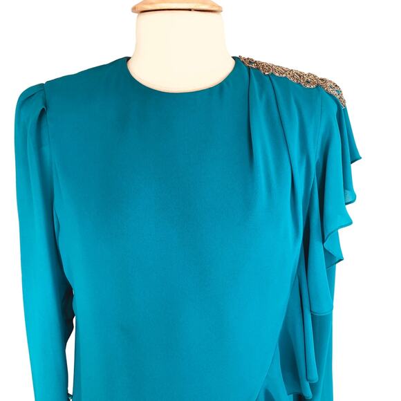 Ursula Mother of Bride Chiffon Midi Shift Dress Jewel Neck Long Sleeves Size 12 - Picture 6 of 8